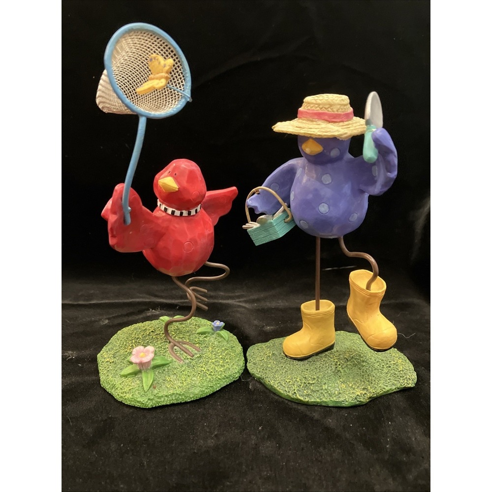 Russ Berrie Tweet Along with Me Bird Figurines Set 2 Gardening Butterfly Resin